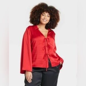 Vibrant Red Satin Blouse Bow Tie Detail Size S New with tags